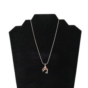 Red Rhinestone Encrusted Silver Toned Metal Snake Chain Dolphin Pendant Necklace